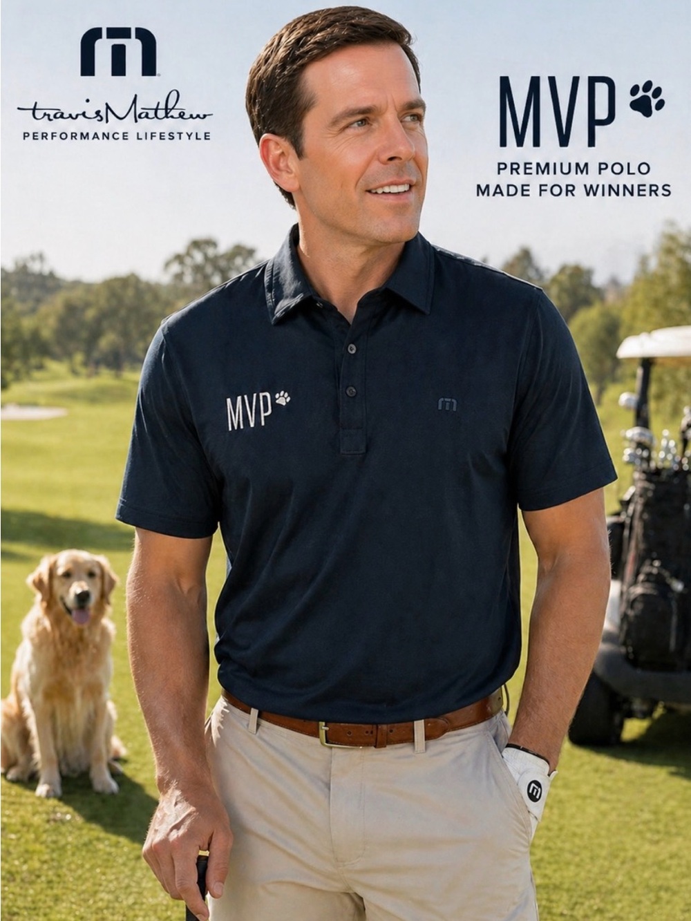 TravisMathew Men’s Navy Blue M MVP Paw Embroidered Performance Classic Polo